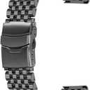 Polished Metal Watch Band for Men Women, 20mm 22mm Quick Release 3D 7 Beads Stainless Steel Watch Bands Strap Classic Replacement Bracelet with Double Locks Silver (Matte Black)
