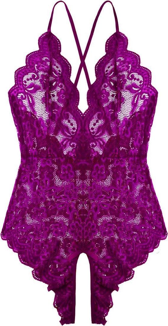 Women One Piece Lingerie Sexy Teddy V Neck Bodysuit Lace Nightie (Purple, XXL)