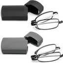 2 Pack Folding Reading Glasses Stainless Steel Mini Anti-Blue Light Blocking Reader for Men Women (2 Pack, black+gray)