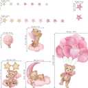 wondever Pink Balloon Bear Wall Stickers Hot Air Balloon Animals Clouds Stars Peel and Stick Wall Art Decals for Baby Nursery Kids Girls Bedroom