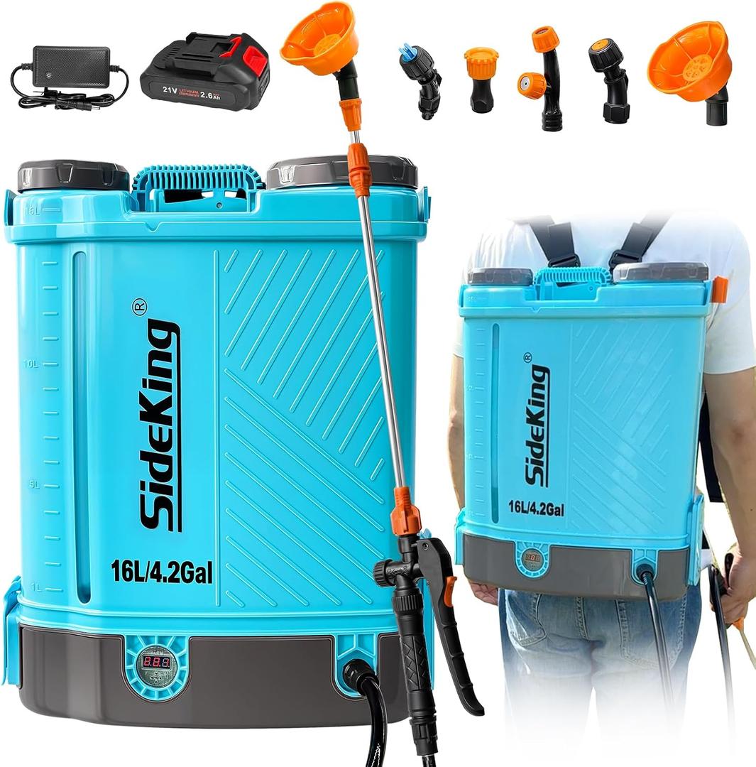 SideKing Battery Powered Backpack Sprayer 4 Gallon, 0-100 PSI Adjustable Pressure Sprayer Compatible with Makita 18V Battery, Electric Sprayer with Wand, 5 Nozzles, 2.6Ah Battery & Charger Included