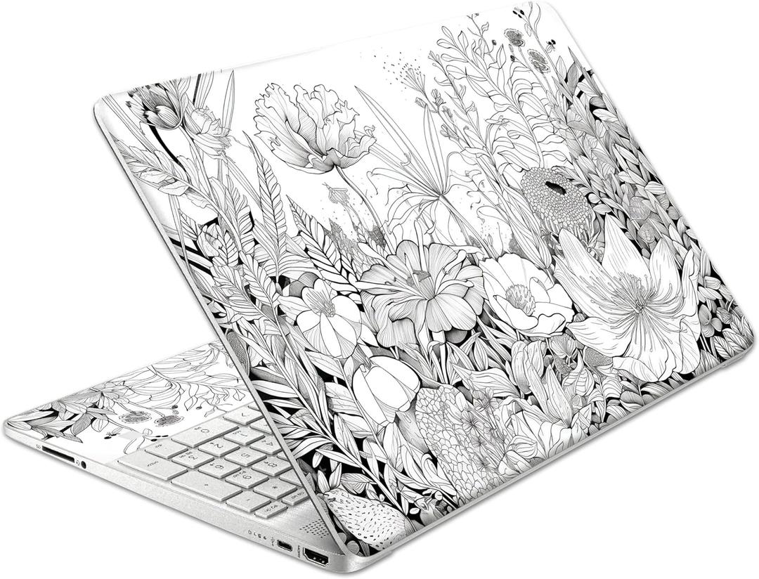 Laptop Skin Decal HP 15.6" - Black White Botanical, Laptop Cover Sticker, No Cutting Required, No Bubble, Waterproof, Scratch Resistant - Including Wide Screen and Wrist Pad