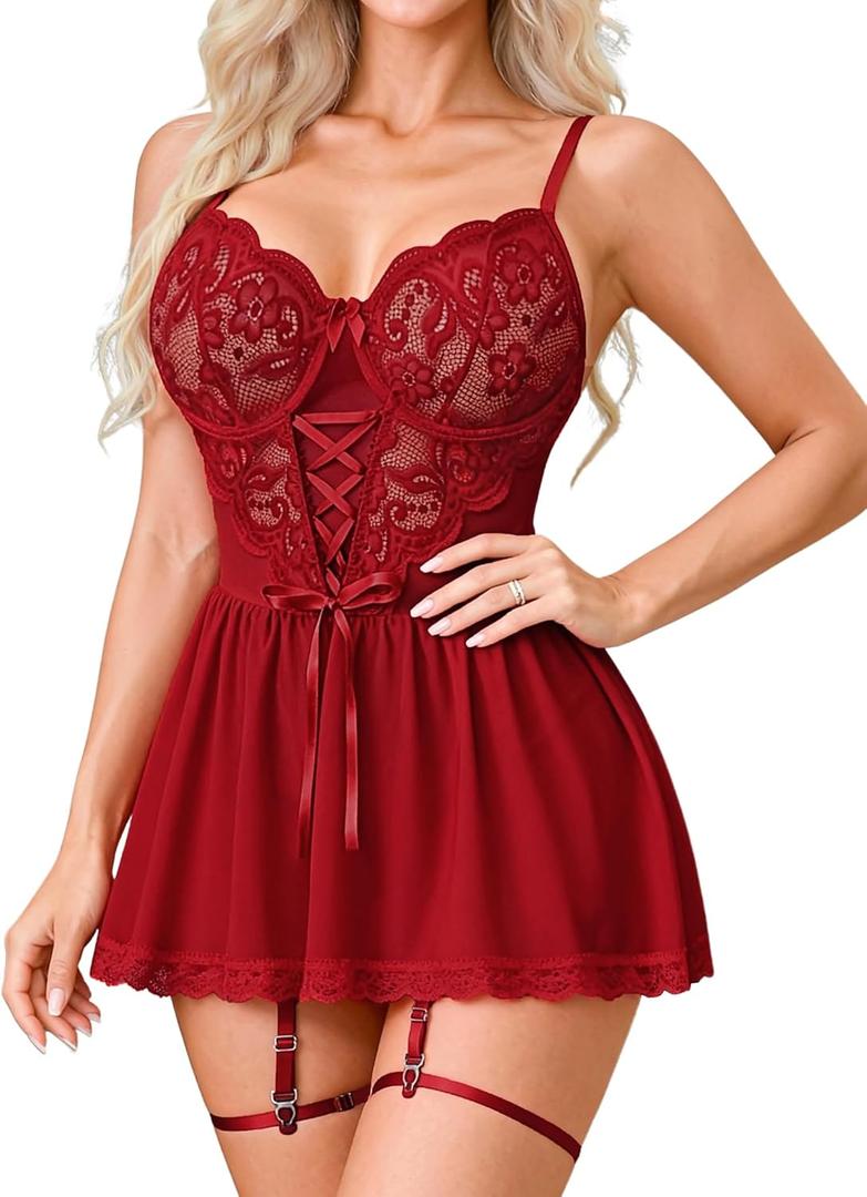 Girece Women's Lace Babydoll Lingerie Dress with Underwire Push up Bra Floral Lace Chemise Mini Skirt Lingerie Nightgown with Garter Belt (Wine Red, S)