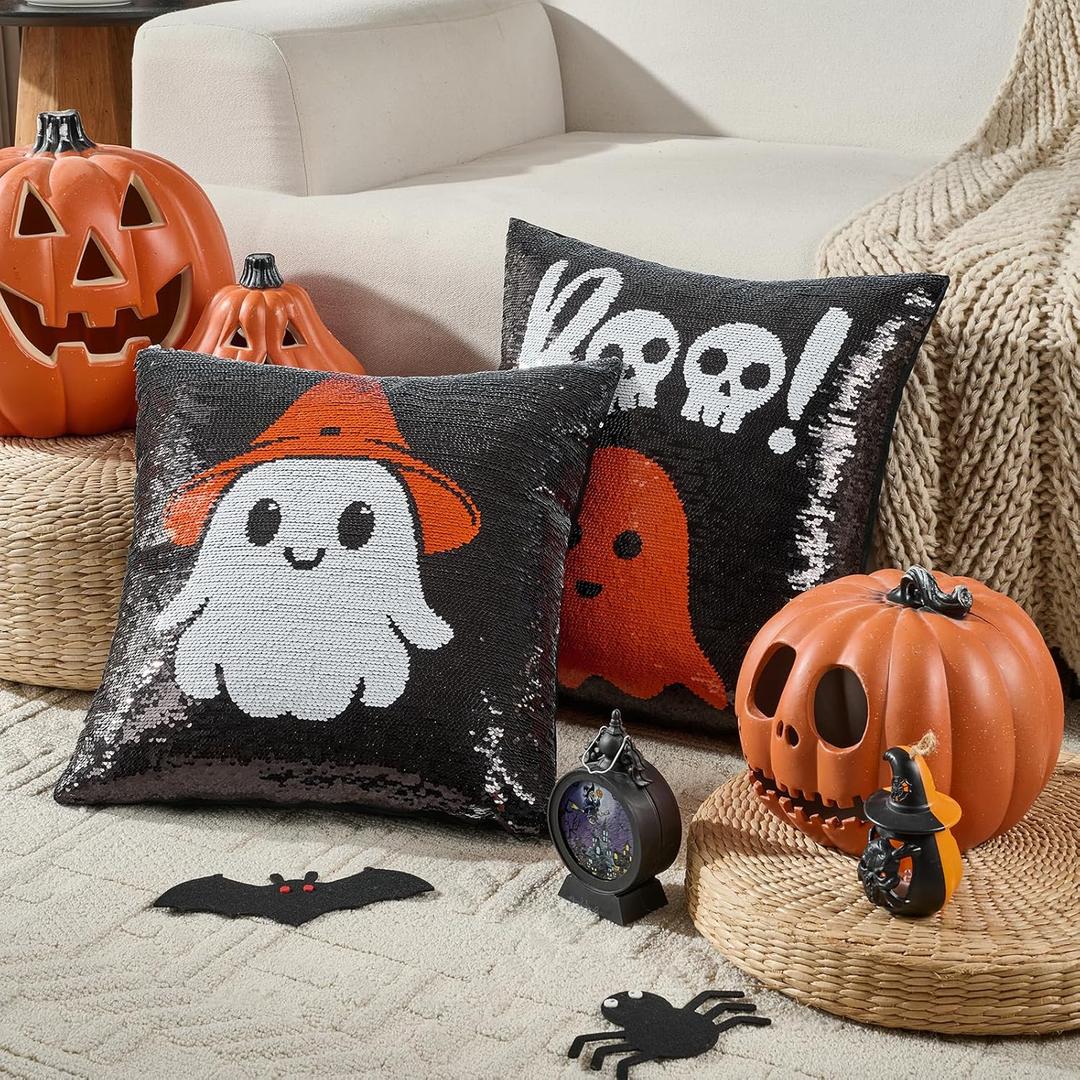 Volcanics Halloween Ghost Pillow Covers 20x20 Set of 2, Reversible Flip Sequin Boo Throw Pillowcases, Cute Spooky Halloween Decor for Couch Sofa Bed Living Room Kids Room