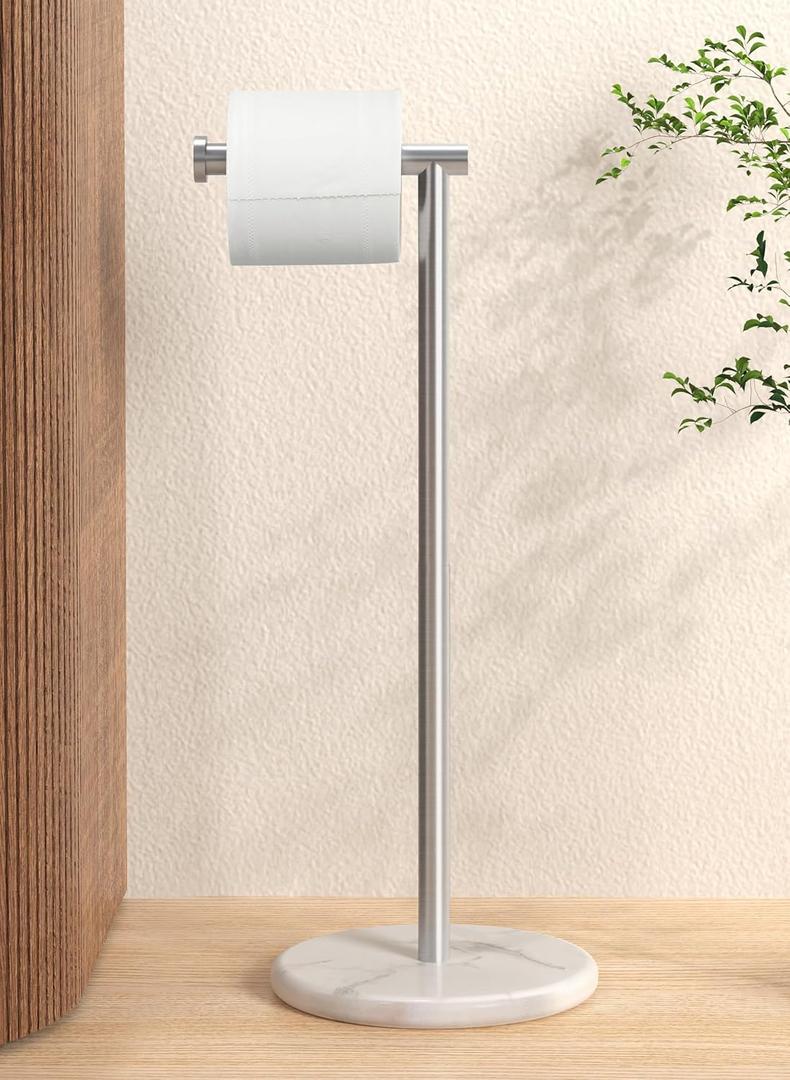 KES Toilet Paper Holder Stand, Freestanding Toilet Paper Roll Holder with Modern Natural Marble Base, White Freestanding Toilet Tissue Holder SUS304 Stainless Steel Brushed Finish BPH284S1-2