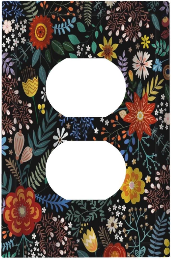 Vintage Colorful Flower Boho Floral Rustic Dark Leaves Single Duplex Wall Plate Covers Light Switch Cover 1 Gang Outlet Plate Decorative Switchplate Covers Electrical Faceplate for Farmhouse Bedroom