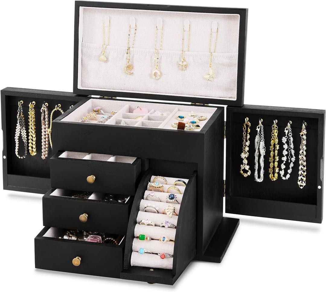 Poyilooo Jewelry Box Organizer, Solid Wood Jewelry Boxes for Women, Double Layer Jewelry Organizer Box Display Earring Necklace Bracelet Ring, Rustic Style Small Jewelry Box for Girls (Black)