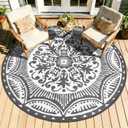 Capslpad 5x5 Floral Outdoor Rug for Patio Clearance Reversible Mat Round Portable Plastic Straw Carpet Waterproof Boho Indoor Outside Area Rugs for RV Camping Picnic Balcony Beach Deck, Grey