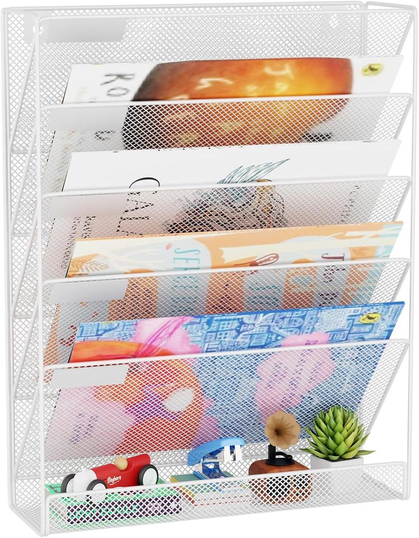 Wall File Organizer Holder Mesh Hanging Paper Document Holder,Vertical 6 Pocket Tier for Office Home, White