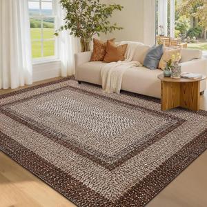Washable Area Rugs 5x7 Rug for Living Room Non Slip Modern Rug Soft Area Rug for Bedroom Farmhouse Braided Print Throw Rugs Contemporary Stain Resistant Carpet for Dining Room 5'x7' Dark Brown