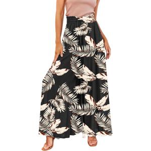 YOCUR Women Summer Beach Vacation Pants High Waisted Wide Leg Pants Printed Loose Flowy Casual Palazzo Lounge Trousers (X-Large, A02-floral Black)