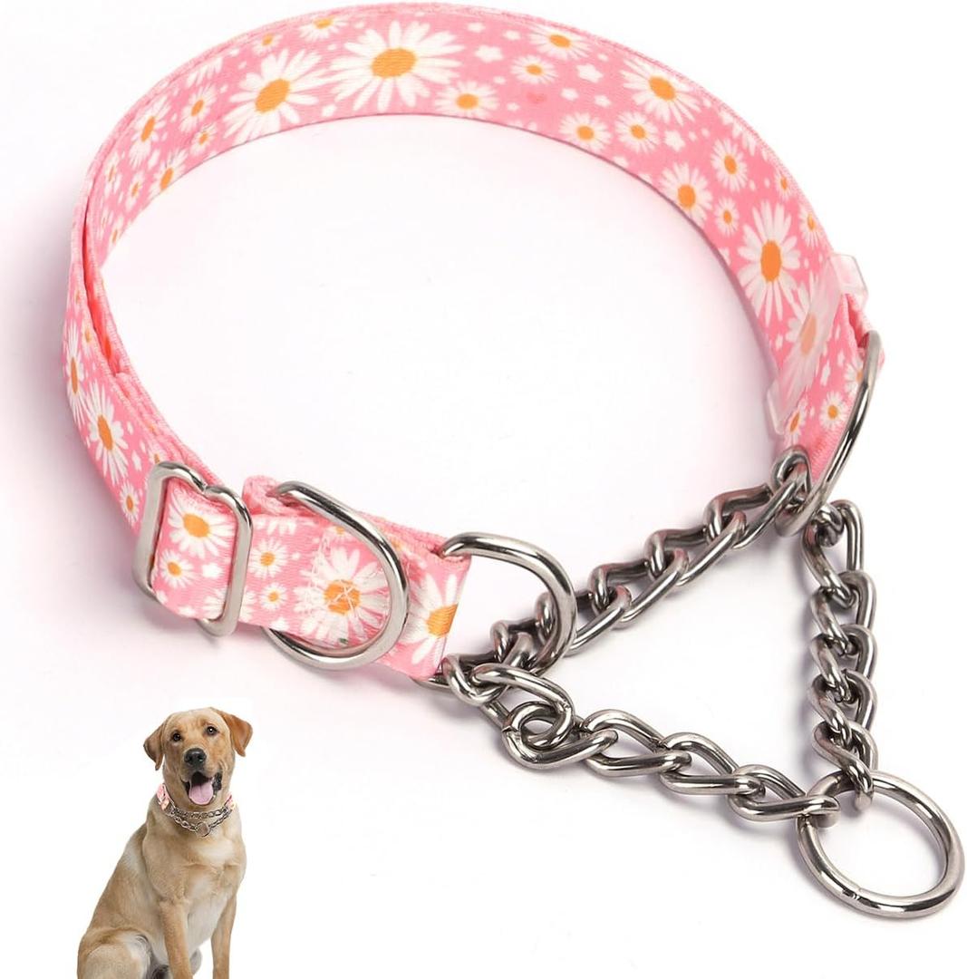 Stainless Steel Chain Martingale Collar for Dogs, No Pull Slip Cinch Choker Choke Collar Training Escape Proof Heavy Duty Dog Collar for Small Medium Large Pet Girl Female Dogs, Pink Daisy M (M(Neck15-20"))