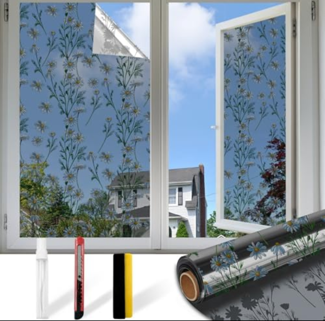 Countewol Upgraded Window Privacy Film One Way Daytime Privacy Static Cling Sun Blocking Anti UV Reflective Window Tint for Home and Office (Black - Silver（Daisy）, 42.27 X 78.7 in)
