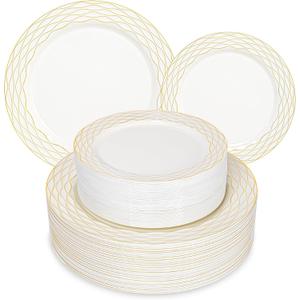 60Pcs Ivory Gold Plastic Plates, Elegant Disposable Dinner Plates Combo Pack 10in Dinner Plate and 7in Dessert Plate Fancy Gold Rim Dinnerware Set for Party, Wedding