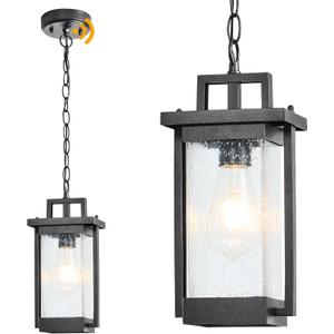 Outdoor Pendant Light Fixture with Dusk to Dawn Sensor, Large Outdoor Hanging Light Exterior Lantern, Modern Black Anti-Rust Metal Morden Chandelier for Front Door Entryway Porch (Black) (Black-bubble glass)