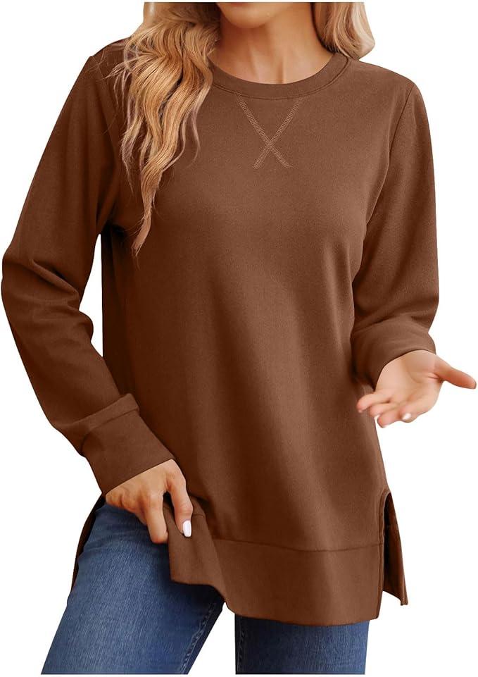 Womens Sweatshirt Crewneck Long Sleeve Casual Shirts Side Split Tops Fall Fashion Pullover Sweatshirts, M