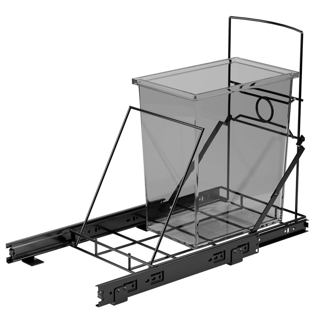 pbugac Upgraded Stainless Steel Pull-Out Trash Can Holder, Heavy-Duty Slide-Out Cabinet Organizer for 711 Gallon Bins, Black(Trash Can Not Included)