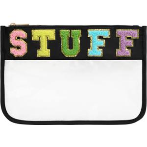 DYSHAYEN Chenille Letter Clear Zipper Pouch for Travel,Nylon Clear Cosmetic Bag,Makeup Travel Bag for Women Girls 11.8 Inches x 8.2 Inches