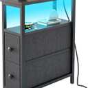 TIQLAB End Table with Charging Station, Narrow Side Table with 2 Fabric Drawers, Nightstand with LED Light, Slim Bedside Table for Bedroom, Living Room, Small Spaces, Black