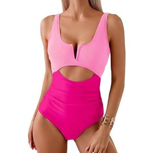 HXN Women's One Piece Swimsuit Tummy Control Bathing Suit Color Block Cutout Slimming Swim Suit Swimwear 2025 Size S