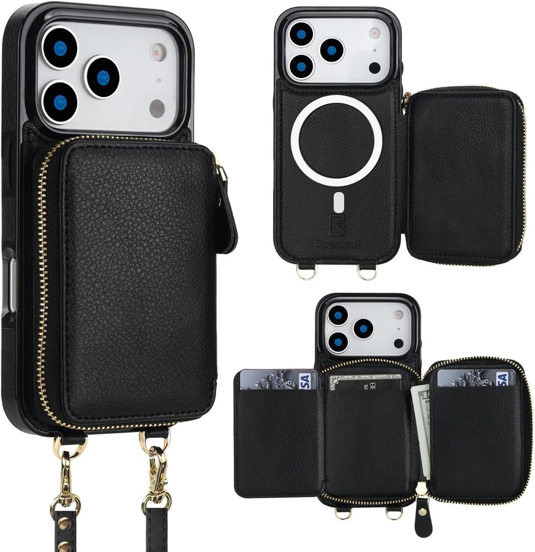 Bocasal for MagSafe Crossbody Wallet Case Compatible with iPhone 17 Pro, RFID Blocking Protective Purse Case with Card Slots Holder Kickstand Wrist Strap Lanyard Zipper 6.3 Inch 5G (Black)
