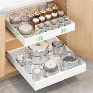 Expandable Pull-Out Cabinet Organizer - White, 21" D x Adjustable Width 12.6-20.47", No Drill Adhesive Installation with 3-Slide Rails for Kitchen Storage (2 Pack)