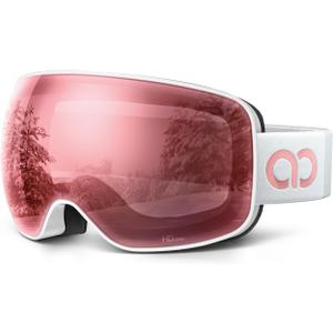 Lamicall Ski Goggles with 3X Anti-Fog - 100% UV Protection, OTG, Gifts for Skiing, Snowboard, Snowmobile, Men, Women (White Frame - Pink Lens)