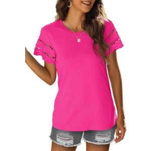 Womens Lace Short Sleeve T Shirts Summer Tops Loose Casual Tee Shirt (X-Large, Rose Red)