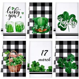 Honoson 6 Pcs St Patrick's Day Kitchen Towels St. Patrick's Day Dish Towels Shamrocks Gnomes Plaid Absorbent Bathroom Set Tea Cloth for Kitchen Home 16 x 24 Inches(Black and White,Lucky Style)