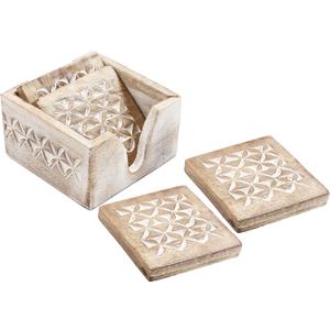 Wooden Set of 6 Whitewash Coasters with Holder Stand | White Distressed Coasters for Tea, Coffee & Drinks | Dining Table & Home Dcor (Design4)