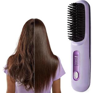 2026 New Go Brush Pro for Short Hair, Portable Straightener Brushs for Travel, with LCD Temperature Display,Fast Heating Cordless Mini Hair Brushs (Purple)