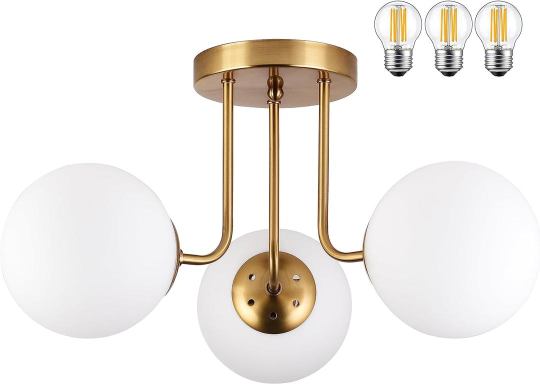 KoKo&Yukina 3-Light Semi Flush Mount Ceiling Light Globe Ceiling Light Mid Century Ceiling Light with Opal Milk Glass Globe & Brushed Brass for Bedroom Hallway Entryway Kitchen Living Room-Bulb Incl (6 inch)