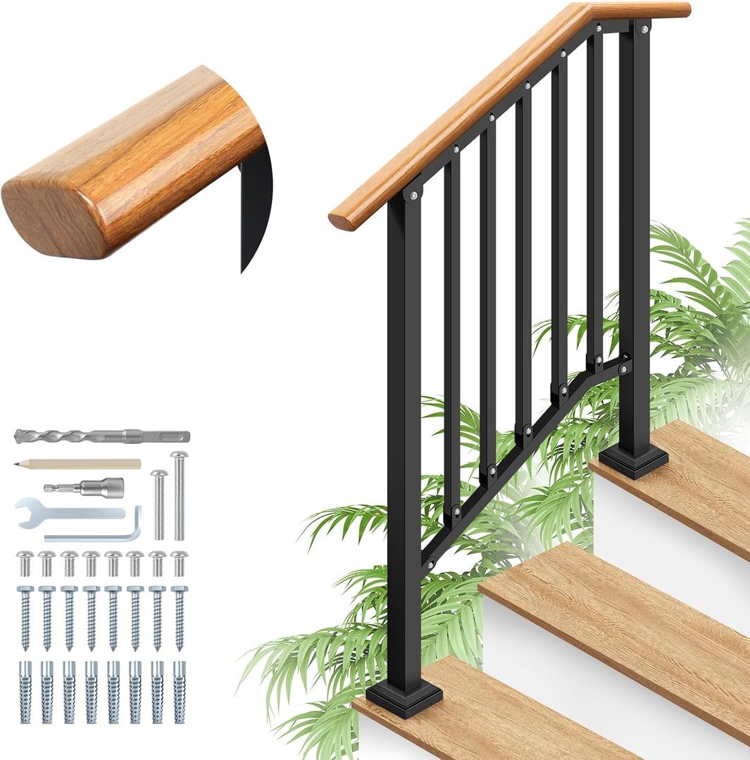 Hand Rails for Outdoor Steps 3-Step Railing Metal Wood-Grain | Outdoor Safety Balusters fully welded ends for Seniors & Kids, Stable Anti-Wobble Silent Rustproof, for porch and deck
