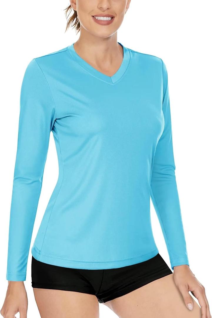 Boladeci Women's Swim Shirts - UPF 50+ Sun Protection Short Sleeve V Neck T-Shirts Workout Tops, XL, Light Blue