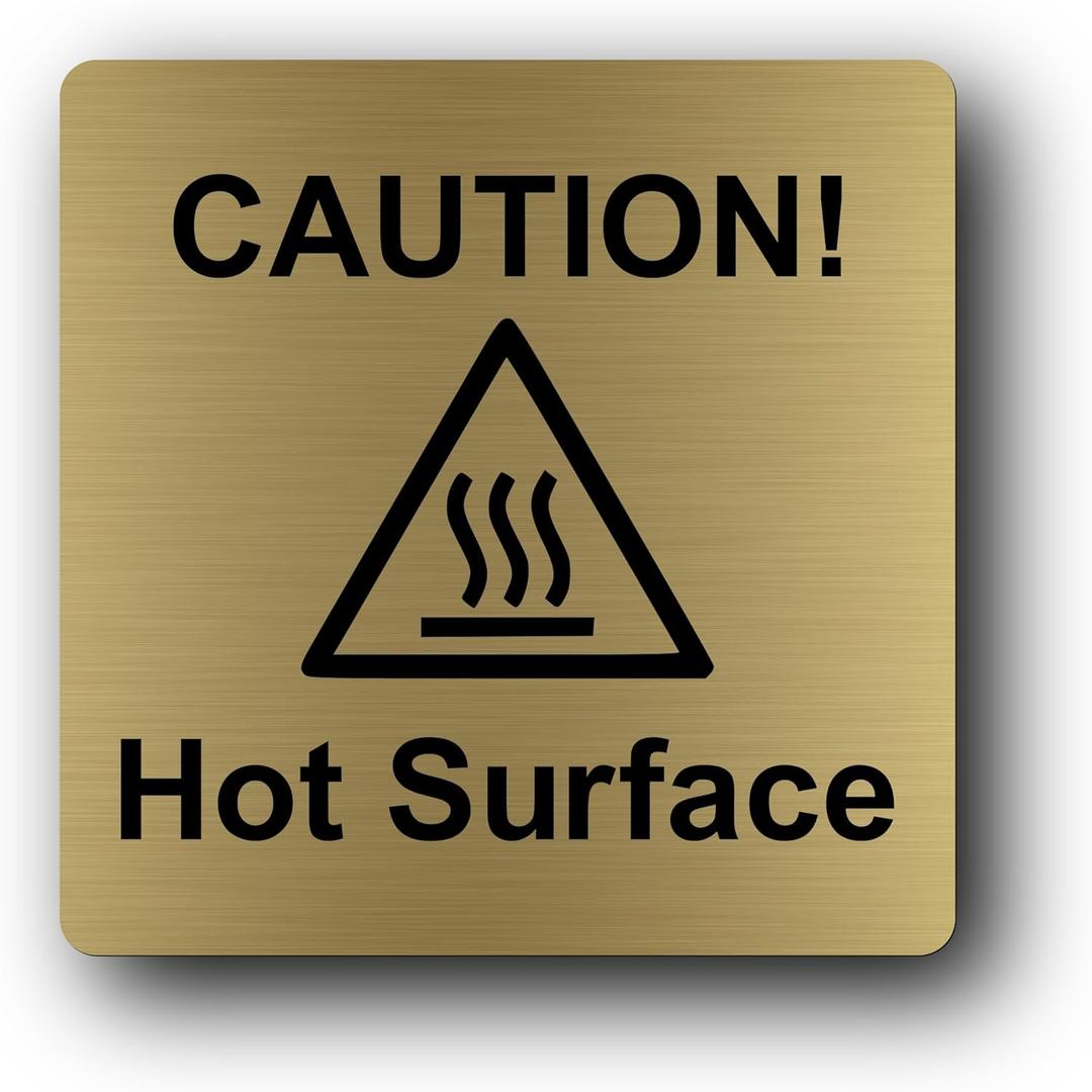Metallic Gold "Caution Hot Surface" Sign - UV Printed Aluminum, Self-Adhesive Peel & Stick Safety Signage for Hand Dryers, Indoor/Outdoor Use, 145mm x 145mm x 0.7mm