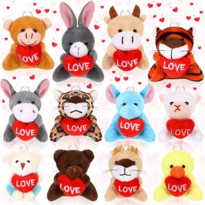 12 Pcs Valentine's Classroom Exchange Gifts for Kids Valentine Mini Animal Plush Toys Bulk Small Stuffed Animal with Heart Valentine's Day Plushies Keychain for Prizes Reward Party Favor