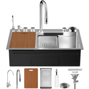 33 Inch Kitchen Sink 16 Gauge 304 Stainless Steel Workstation Deep Single Bowl Waterfall Kitchen Sink, Handmade Smart Sink with Accessories, 33"x22"x10"