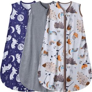 BSTOPPT 3 Pack Baby Sleep Sack 100% Rayon Cotton Baby Sleeping Bag 2-Way Zipper Toddler Wearable Blankets TOG 0.3. (Fox&Dinosaurs&Dark Gray, 18-24 Months)