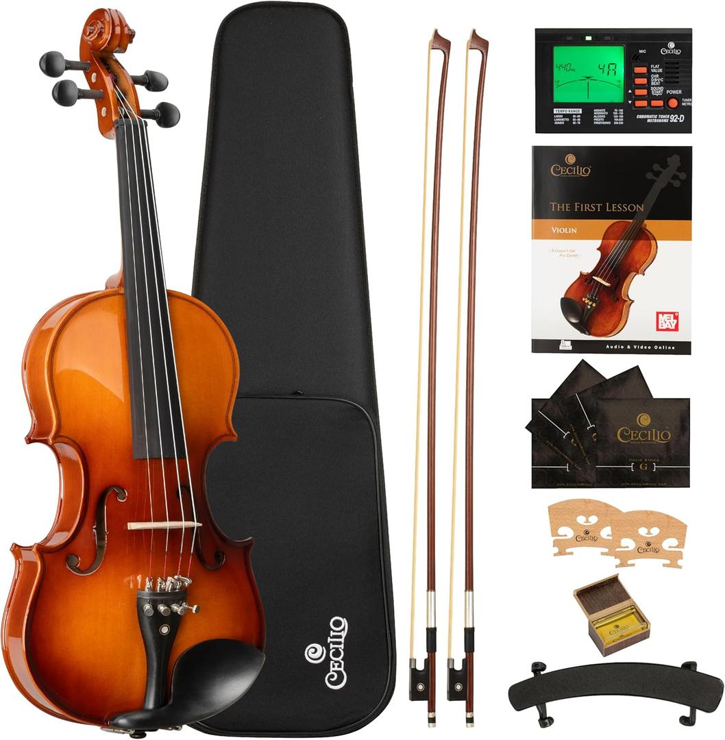 Cecilio 4/4 Violin Set Full Size Fiddle Solidwood Ebony Fitted LEFT-HANDED Violin with D'Addario Prelude Strings | Complete Set with Hard Case, Bows, Tuner, Rosin & Shoulder Rest (Varnish)