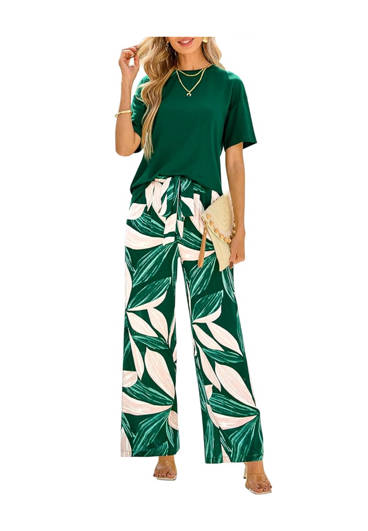 PRETTYGARDEN Women Summer 2 Piece Outfits 2025 Short Sleeve Knit Top Floral Print Belted Wide Leg Pant Sets With Pockets, Dark green floral,  L
