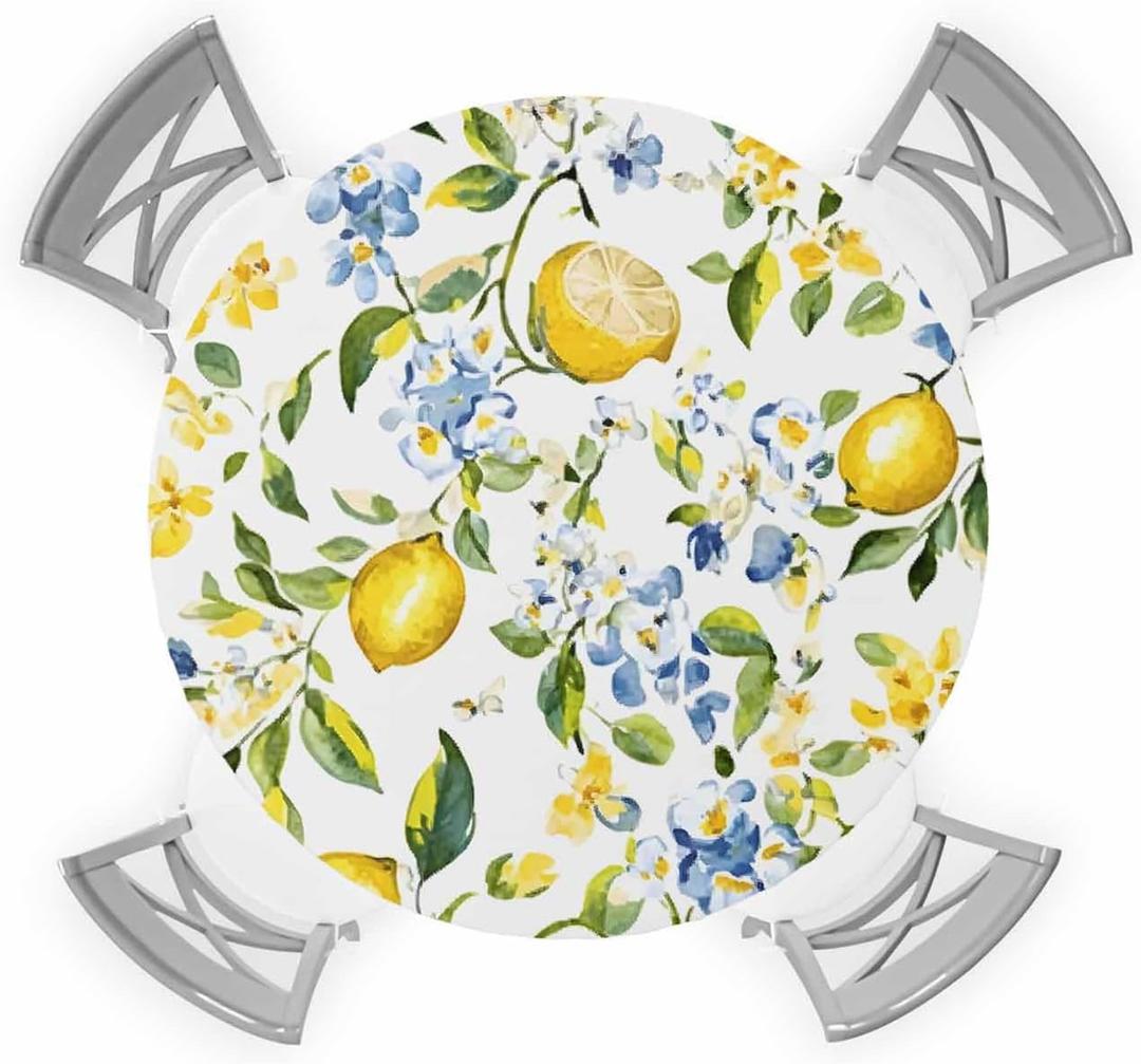 Summer Lemon Round Fitted Tablecloth Farm Fruit Blue Flower Green Leaf Botanical Elastic Table Cloth Waterproof Oil Proof Table Cover Fits 45"-54" Round Tables for Party Picnic Dinner Decor