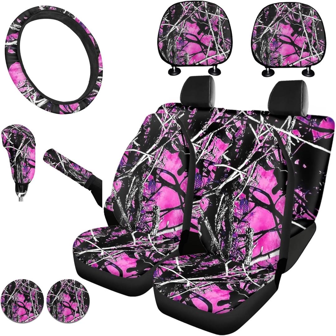 KEIAHUAN Pink Camo Front and Rear Bench Seat Cover Full Set,Camouflage Steering Wheel Cover,Car Headrest Cover,Coaster,Gear Shift Knob Cover with Handbrake Cover,Car Accessories Set
