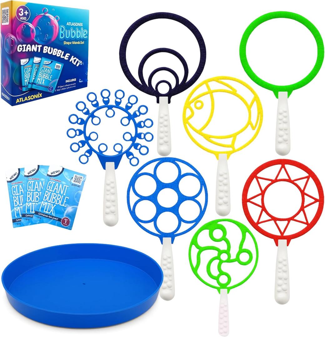 Bubble Wands for Kids - Giant Bubble Wand Set with Tray, Outdoor Toy for Kids, 11 Pcs Large Ring Kit with Mix Solution