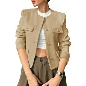 Cicy Bell Womens Cropped Tweed Blazers Jacket Collarless Button Down Business Casual Winter Coats 2026 Spring Outfits (Small, Khaki)