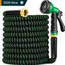Garden Hose 100 ft, 2026 No Kink Expandable Water Hose 100ft with 10 Function Nozzle, Solid Metal Fittings, Durable Outer Fabric, Lightweight, Flexible, Leak-proof, Stretchy for Watering, Car Washing