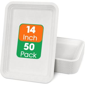 ECOLipak 50 Pack 14 Inch Disposable Food Crawfish Trays, Compostable Large Paper Plates, Disposable Thanksgiving Trays for Serving Food, Turkey, BBQ, Seafood Boil Party Supplies(White)