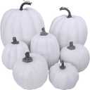 Winlyn 7 Pcs Assorted Sizes Fall Artificial Pumpkins Harvest Pumpkins Faux Foam Pumpkins for Fall Autumn Season Halloween Thanksgiving Harvest Holiday Season Festive Tabletop Decoration (White)