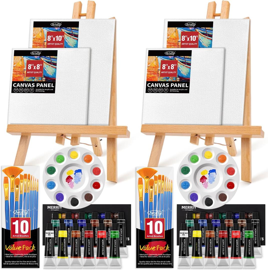Set of 2 Acrylic Painting Kits for Adults and Couples, Sip and Paint Kit for Date Night, Acrylic Painting Kit with Canvas Boards and Easels, Professional Art Set for Couples, Families, Beginners