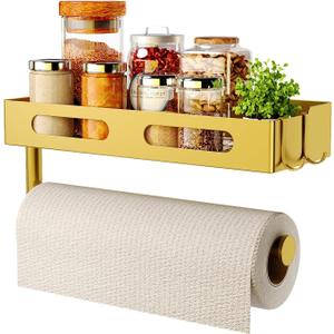 Paper Towel Holder Wall Mount for Kitchen, Paper Towel Holder with Shelf for Bathroom, RV Paper Towel Rack with 2 Hooks, Gold