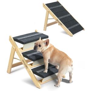 Wooden Dog Stairs& Dog Steps, 2-in-1 Foldable Dog Steps for Beds, Couch and Cars, Anti-Slip Pet Ramp with 3 Steps Indoor Pet Stairs for Small Medium Large Older Pet Cats up to 120lbs